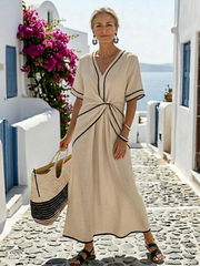 Carboneras | Vestido midi de cuello en V con mangas cortas y cintura fruncida