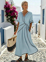Carboneras | Vestido midi de cuello en V con mangas cortas y cintura fruncida