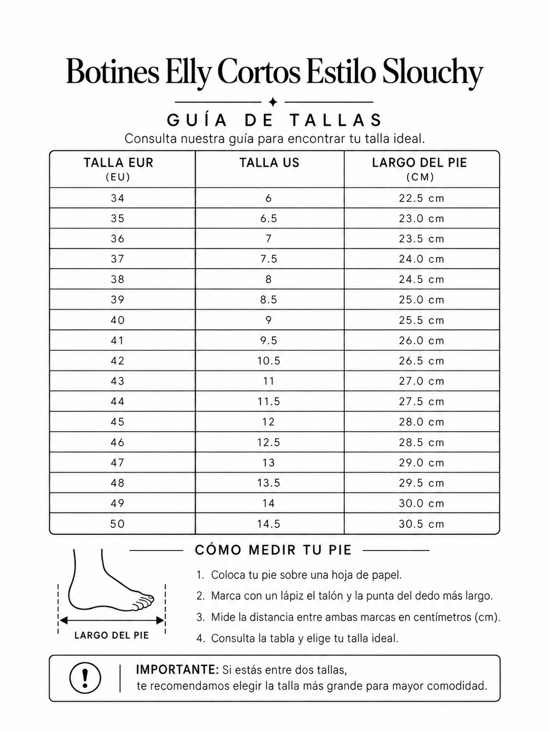 Botines Elly Cortos Estilo Slouchy - Negro - tabla de tallas