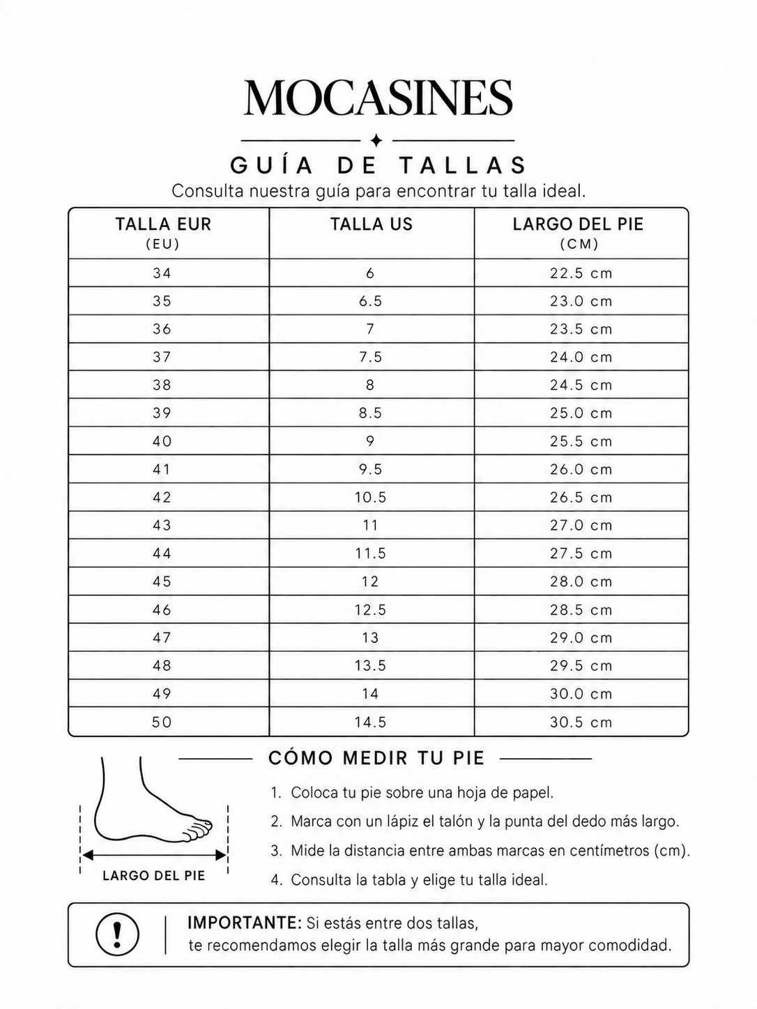 Adriana | Mocasines suaves - tabla de tallas