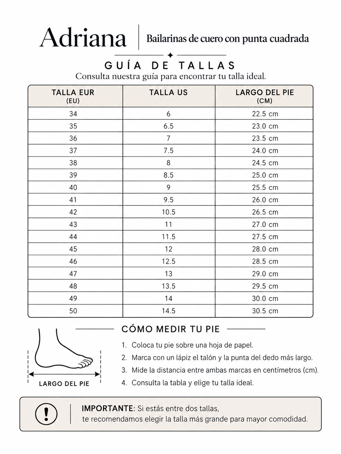 Adriana | Mocasines suaves - tabla de tallas